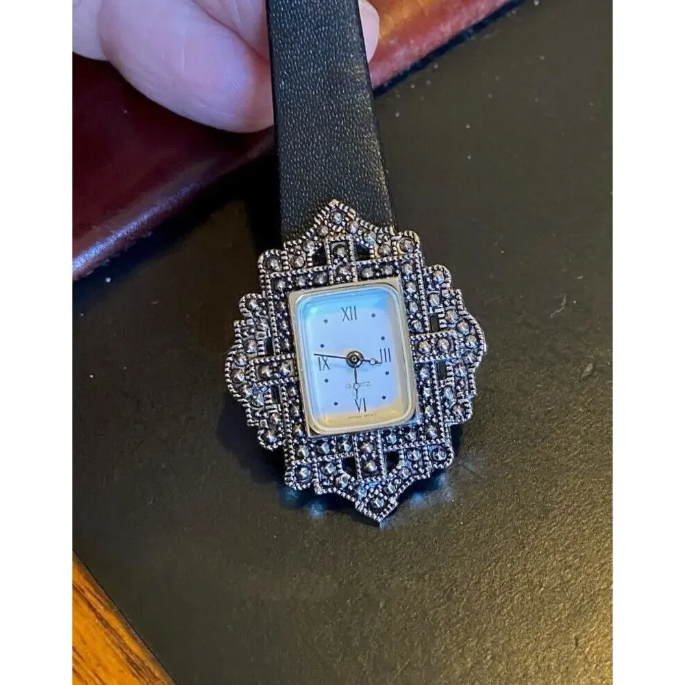 Women's Silver Tone Avon Watch, Art Deco Style, Black Leather Band